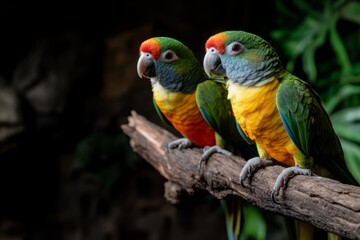Obraz premium Colorful Parrots Perched on Branch with Lush Green Background in Natural Habitat