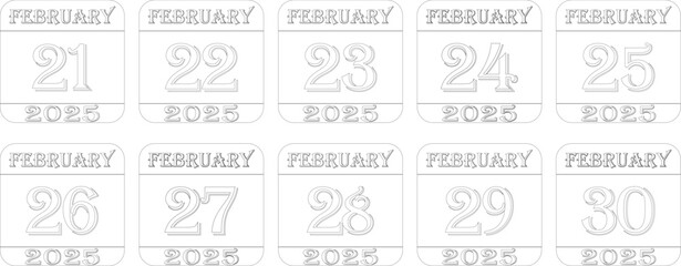 February 2025 calendar line art icon set .Agenda plan, feb month schedule calendar and Time planner.Meeting appointment time.Calendar Event schedule date.calendar date icon on white background.