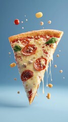 Pizza slice cut away to reveal cheese layers, fast food map concept, 3D illustration