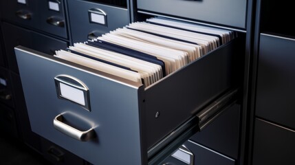 Metal filing cabinet with open drawer full of documents