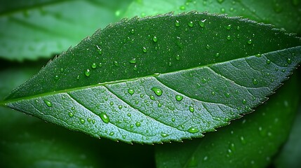 A single green leaf covered in water droplets
