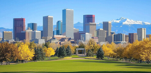 Modern city skyline with stunning mountain view and autumn colors