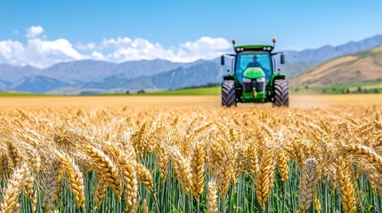 Naklejka premium Green Tractor Harvesting Golden Wheat Field Under Sunny Sky