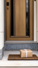 Cardboard box with white ribbon delivered on doormat