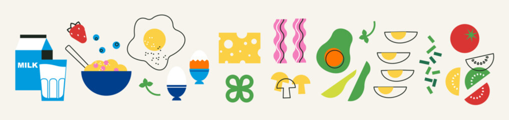 Abstract appetizing breakfast food vector illustration. Minimal modern set with breakfast cereal, green veggies, egg and bacon. Decorative horizontal banner for restaurant, cafe, banner, header design