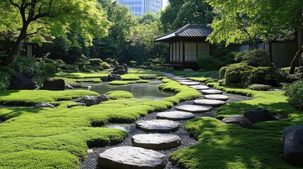 Fototapeta premium A traditional garden with stone paths through lush, green, moss-covered grounds creates an atmosphere of peace and tranquility