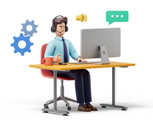 A man with headphones and a laptop at a desk, symbolizing customer service and digital interaction. 3D rendering, conceptual image. Isolated on white background.