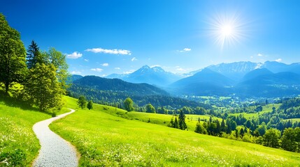 Obraz premium Serene Mountain Meadow Landscape Winding Path Lush Green Grass Sunny Day