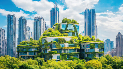 Obraz premium Futuristic urban cityscape featuring green architecture with lush vegetation and modern buildings, showcasing harmonious blend of nature and urban life