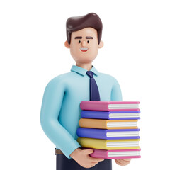 A man holds a stack of colorful books, symbolizing knowledge and education. 3D rendering, conceptual image. Isolated on white background.