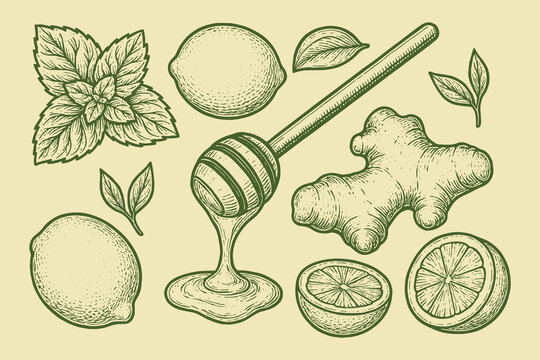 Vintage ink illustration of lemon, ginger, mint, and honey dipper - Powered by Adobe