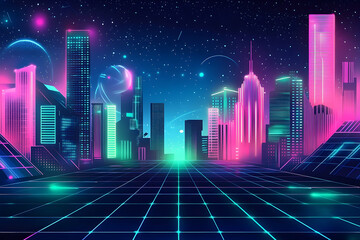 Fototapeta premium A vibrant futuristic cityscape bathed in neon glow.