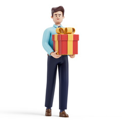 A man holds a gift, symbolizing generosity or celebration. 3D rendering, conceptual image. Isolated on white background.
