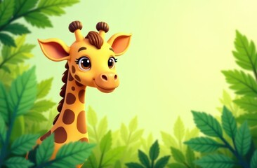Obraz premium cute cartoon giraffe in lush green jungle. vibrant colors and playful expression convey fun and adventure. children's book illustration, poster with copy space