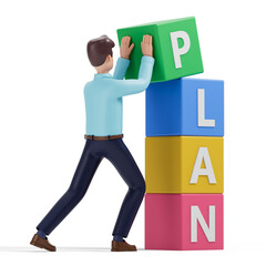 A man places a block on a stack, spelling 