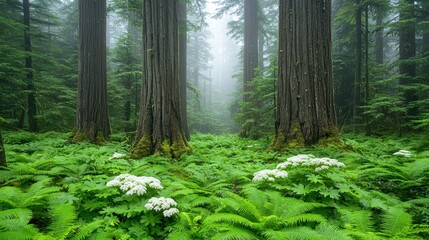 Obraz premium Misty Forest with Tall Trees and Lush Green Ferns