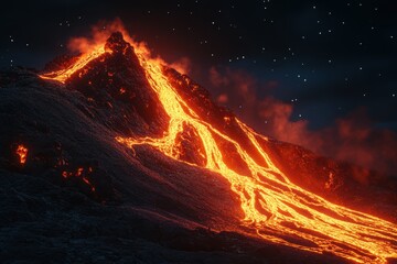 Erupting volcano unleashes flowing lava under a starry night sky in a dramatic display