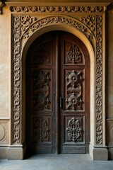 Fototapeta premium Intricate Carved Wooden Double Doors Set Within an Ornate Stone Archway