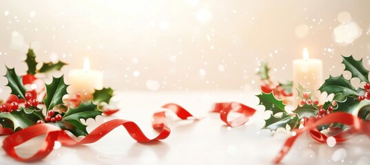 Christmas decoration with holly leaves, red ribbon, and burning candles creating festive atmosphere