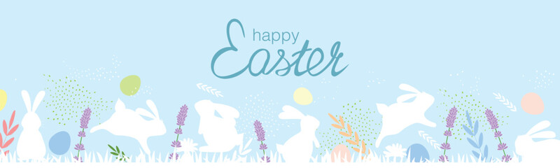 Fototapeta premium Festive spring header featuring playful rabbits, pastel eggs, and “Happy Easter” typography in teal script