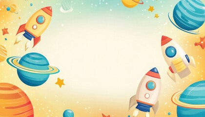 Cartoon rockets exploring colorful planets and stars in outer space background