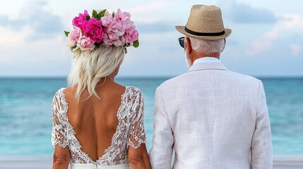 Older Couple's Beach Wedding Portrait  White Lace Dress, Flower Crown, Ocean View