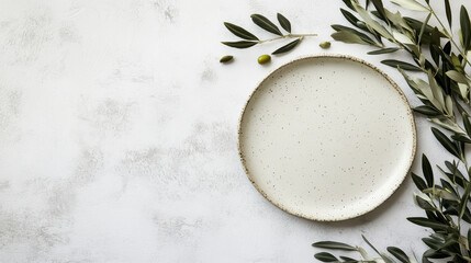 A minimalist setting features a plain, speckled dish placed on a textured background. Olive branches and a few olives are elegantly arranged for a fresh look. Copy space top view