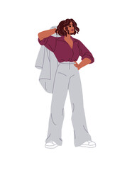 Happy business woman holds jacket of fashion office suit. Black businesswoman stands in a pose with hand on her hip. Girl is in stylish costume. Flat isolated vector illustration on white background