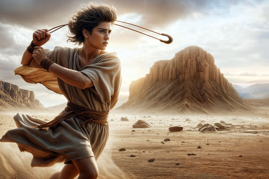 Young David, with Slingshot, Against Goliath - Bible Story - Old Testament with Copyspace