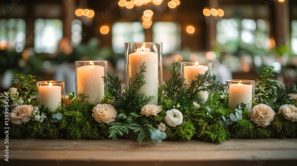 Poster A stunning display of candles surrounded by lush greenery and delicate flowers is showcased on a wooden table in a charming event space, creating a warm and inviting atmosphere.