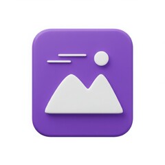Purple square icon with white mountain and sun illustration isolated on white background