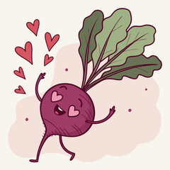 Turnip Cartoon Cute Beet with Heart-Shaped Eyes Throwing Love – Adorable Vector Vegetable Character Design