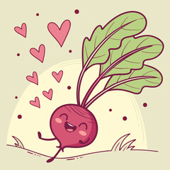 Turnip Cartoon Cute Beet with Heart-Shaped Eyes Throwing Love – Adorable Vector Vegetable Character Design