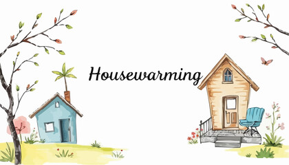 Charming housewarming invitation featuring a picturesque scene of two houses surrounded by natural elements
