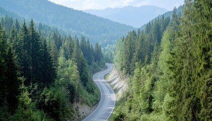 Obraz premium Winding road through lush green forest in mountain valley