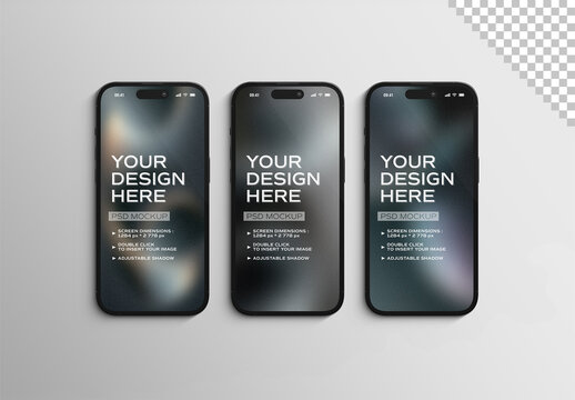 Three isolated black smartphones with shadows Mockup