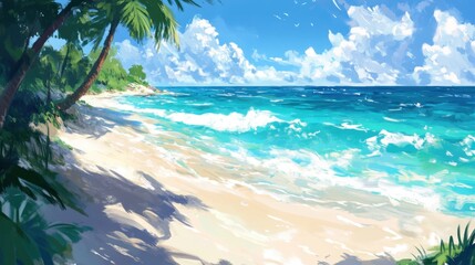 Fototapeta premium Calm tropical beach with clear teal waters and soft waves brushing against sunlit white sand and palm silhouettes