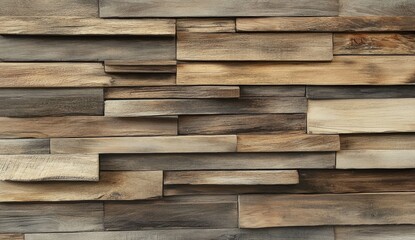Obraz premium Rustic wood panel wall. Various shades of wood planks arranged in a modern, layered design. Natural wood grain is visible throughout