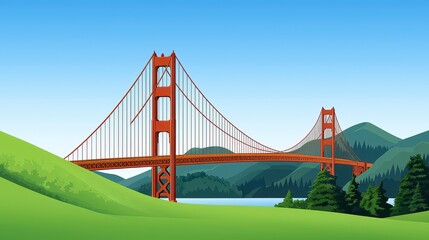 Fototapeta premium Pixel Art Red Suspension Bridge Landscape