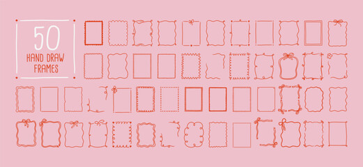 Set of whimsical hand-drawn frames with wavy squiggle curly ribbons in trendy, vintage styles. Vector playful border frames for trendy invitations, cards