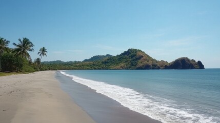 Obraz premium Gentle beach waves on a tropical island framed by white sand and breezy palm trees under clear blue skies