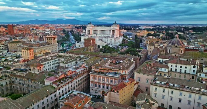Aerial view of the national Monument to Victor Emmanuel II in city of Rome. Establishing shot of the Altare della Patria in Piazza Venezia. Famous iconic monument of the historic center of Rome
