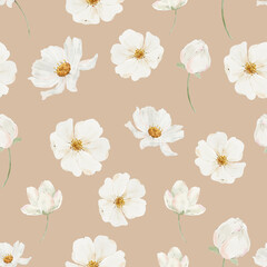 Botanical watercolor seamless pattern with white roses. Floral pastel background. Delicate floral and herb illustration.	
