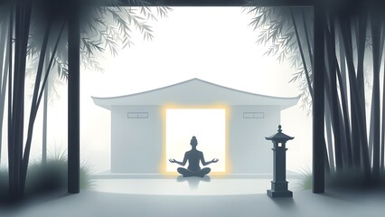 A solitary figure meditating in a minimalist temple, bathed in soft, diffused light filtering through paper windows.
