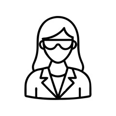 Woman scientist wearing lab coat and safety glasses line art vector illustration design icon
