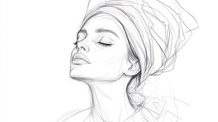 Fototapeta premium Serene woman, sketch, headwrap, white background