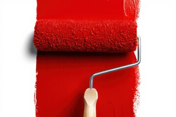 Obraz premium Paint roller applying vivid red paint on white background