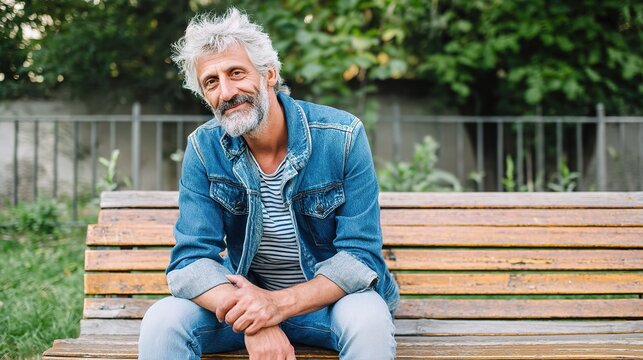 Older Man Sitting Outdoors with a Kind Smile in Casual Attire
