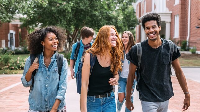 Lively College Students Walking Together on Campus in Bright Daylight