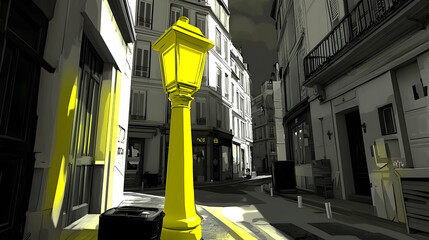 Yellow lamppost on Parisian street, monochrome buildings, sunny day, travel guide illustration © creative